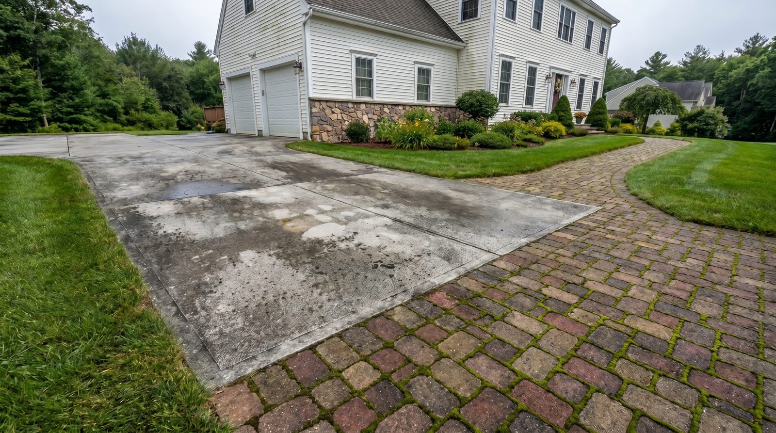 Stained driveway before pressure washing
